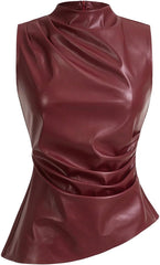 SHENHE Women's Mock Neck PU Leather Pleated Asymmetrical Sleeveless Fitted Dressy Tank Top