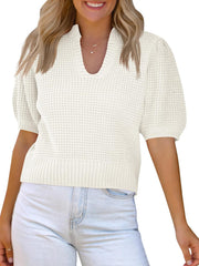 Saodimallsu Womens Puff Short Sleeve Sweater Top Waffle Knit V Neck Spring Summer Cropped Trendy Cute Shirts Blouses
