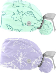 2 Packs Dinosaur Working Cap with Buttons & Ribbon Ties, Scrub Surgery Cap for Women, One Size Working Head Cover