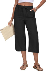 Womens Capri Pants Summer Elastic Waist Casual Business Pants Loose Work Lounge Trousers with Pockets