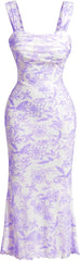GORGLITTER Women's Floral Ruched Bodycon Summer Wedding Guest Dress Mesh Fishtail Cocktail Midi Sun Dresses 2025