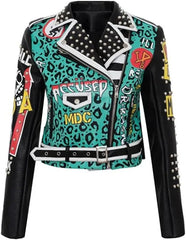 Women Contrast Graffiti Print Motorcycle Leather Jacket Streetwear Rock Punk Style Studded Cropped Jacket