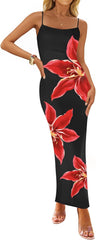 ZESICA Women’s Summer Bodycon Maxi Dresses 2025 Floral Spaghetti Strap Square Neck Sleeveless Boho Beach Long Dresses