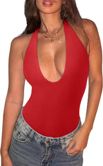 REORIA Bodysuits for Women Halter Tops 2025 Summer V Neck Backless Body Suits Tank Top Trendy Fashion Clothing