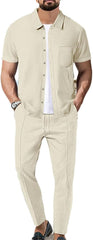 crazynekos Mens Summer Sets 2 Piece Outfits Causal Tracksuit Button Shirt and Pants Set for Men