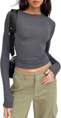 Long Sleeve Shirts for Women - Casual Y2K Printing Crop Tops Crewneck Slim Fit T-Shirt Tees