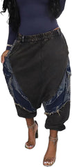 Women's Harem Denim Pants Elastic Waist Loose Cropped Cargo Barrel Jeans Casual Patchwork Ripped Trousers Pockets