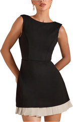 Milumia Women's Boat Neck Pleated Mini Dress Open Back Short Party Club Tank Dresses