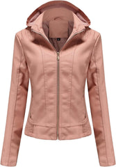 Women's Faux Leather Jacket Women Motorcycle Coat for Biker PU Lambskin Leather Jacket Womens with Removable Hood