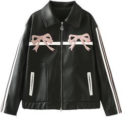 Leather Jacket Women Bow Jacket Y2k Jacket Zip Up Jacket Streetwear Graphic Jacket Faux Leather Jacket Fall Clothes