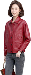 Women Spring Casual Leather Jacket Ladies Turn-Down Collar Single Breasted Moto Biker Sheepskin Coat