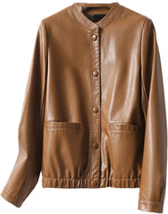 Women Short Jackets O-Neck Covered Button Slim Sheepskin Jackets Coats