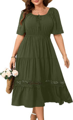 RWJ Women's Plus Size Maxi Dress Short Sleeve Square Neck Flowy A-Line Lace Trim Flutter Party Casual Off Shoulder Dresses
