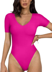 REORIA 2025 New Short Sleeve Women's Bodysuits V Neck Seamless Going Out Basic Thong Bodysuit tshirt bodysuit