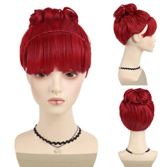 GNIMEGIL Short Wine Red Wigs for Women with 27 inch Long Ponytail in Deep Burgundy Wig with Bangs Trendy Hair Accessory Megara Wigs with Hair Extensions Ponytail Halloween Costume Dark Cherry Red Wig
