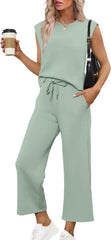 SAMPEEL Two Piece Sets for Women Casual Travel Vacation Outfits Summer Wide Leg Crop Pants Lounge Sets