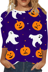 Halloween Shirts for Women 2025 Funny Pumpkin Ghost Tees 3/4 Sleeve Skull Graphic Tshirt Spooky Season Tops