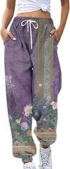 Sweatpants for Women Floral Print Casual Elastic Waist Wide Leg Pants Lightweight Baggy Trousers with Pocket