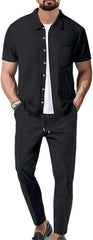 crazynekos Mens Summer Sets 2 Piece Outfits Causal Tracksuit Button Shirt and Pants Set for Men
