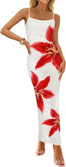 ZESICA Women’s Summer Bodycon Maxi Dresses 2025 Floral Spaghetti Strap Square Neck Sleeveless Boho Beach Long Dresses
