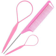 TsMADDTs 3Pack Hair Loop Tool Set with 2PCS French Braid Tool Loop 1PCS Rat Tail Comb Metal Pin Tail Braiding Comb for Hair Styling, Purple