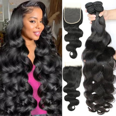 18 20 22 Inch Body Wave Bundles with Closure (16 Inch 5x5 HD Lace Closure) Human Hair Brazilian 3 Bundles with Closure Unprocessed Virgin Human Hair Free Part