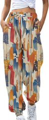 Sweatpants for Women Floral Print Casual Elastic Waist Wide Leg Pants Lightweight Baggy Trousers with Pocket