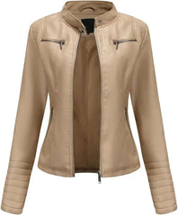 Women'S Faux Leather Jacket Retro Motorcycle Stand Collar Zipper Jacket Slim Casual Street Jacket