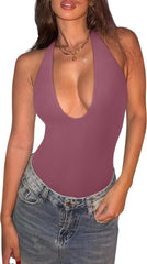 REORIA Bodysuits for Women Halter Tops 2025 Summer V Neck Backless Body Suits Tank Top Trendy Fashion Clothing