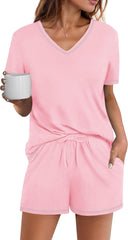 Ekouaer Womens Pajamas Sets Soft 95% Cotton Pjs Short Sleeve Lounge Sets Casual Two Piece Pjs With Pockets