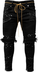 Men's Distressed Moto Biker Jean Cowboy Stretch Slim Fit Jeans Casual Leg Denim Pants for Men
