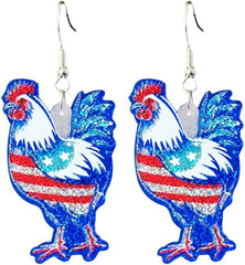 Pingyongchang Cute Funny American Flag Red Wine Acrylic Dangle Earrings 4th of July Red White Blue Heart Flower Lightning Bow Chicken Fireworks Glitter Patriotic Earring for Women