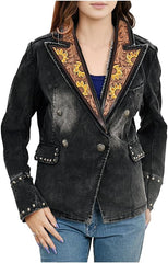 Genuine leather Hand tooled carved Women 100% cotton Denim Blazer dress jacket ladies | Vintage
