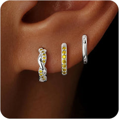 Inerney Gold Huggie Hoop Earrings Set for Women, Dainty Small Sterling Silver Earring Stacks Hypoallergenic Jewelry for Multiple Piercings, Trendy Twisted Cute Cartilage Hoops Birthstone Gift 3 Pairs