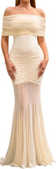 HTZMO Women Sexy Off Shoulder Bodycon Maxi Dress Strapless Ruched Wedding Guest Formal Party Long Dresses