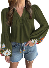 Women's Casual Floral Embroidered V Neck Boho Puff Short Sleeve Shirts Loose Tunic Summer Blouses Tops Fashion Clothes 2025