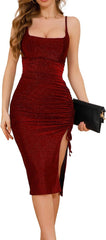 IHOT Women's Square Neck Side Slit Sparkly Glitter Ruched Bodycon Cocktail Night Club Party Midi Dress