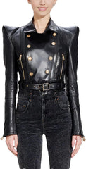 Women's Goth PU Leather Motorcycle Jacket - Spring Metal Button Short Coat, Leather Biker Outwear