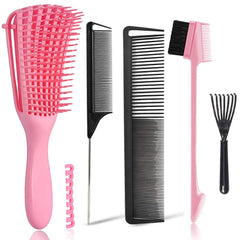 EZ Detangler Brush with Edge Brush, Rat Tail Combs Set for Natural, Curly, Wet/Dry, Black Hair, Flex Detangling Brush set for Hair Style and Cuting, No Pain and Easy Clean in Daily Use(Pink + Black)