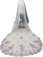 Unique Lilac Purple 3D Floral Bridal Veil with Pearls and Edge, Long Cathedral Wedding Veil with Comb Girls