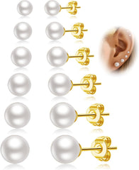 LOUMILEO 6 Pairs Pearl Earrings Set Hypoallergenic Small Sterling Silver Stud Earrings for Women Man 3-10MM Tiny Cartilage Piercing Pearl Studs for Multiple Piercing