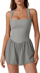QINSEN Women's Square Neck Sleeveless Romper Jumpsuit Casual Summer One Piece Outfit with Pocket