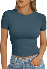 AUTOMET Womens Short Sleeve T Shirts Basic Summer 2025 Workout Tops Crew Neck Gym Crop Tops Trendy Y2K Clothes