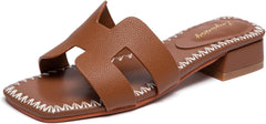 Lryweisy Women's Brown Leather H-Strap Slide Sandals,1.4 Inch Low Block Heel,Square Toe Mules,Hand Stitched Slip On Summer Shoes