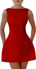 YMDUCH Women's Sexy Sleeveless Crew Neck Backless A-line Party Short Mini Dress