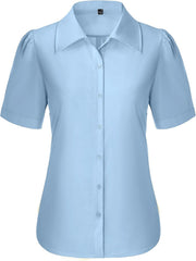 Button Down Shirts for Women Puff Short Sleeve Button Up Dress Shirts Collared Fitted Blouse Work Business Top