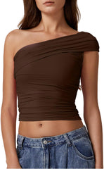 QINSEN Womens Sleeveless Foldover Top Double Lined One Shoulder T Shirts Summer Trendy Going Out Crop Tops