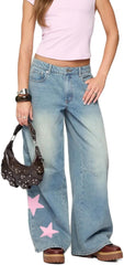 Mxiqqpltky Butterfly Print Jeans for Women Vintage Graphic High Waist Boyfriend Denim Pants Casual Baggy Jeans Y2K Streetwear