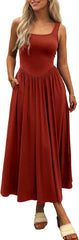 Women's Summer Maxi Dress 2025 - Sleeveless Square Neck Casual Beach Sundress with Pockets, Flowy Patchwork Knit