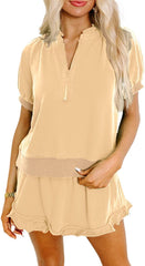 KevaMolly Women's 2 Piece Lounge Sets Casual Short Sleeve Outfits Half Zip Puff Sleeve Top and Ruffled Shorts Set